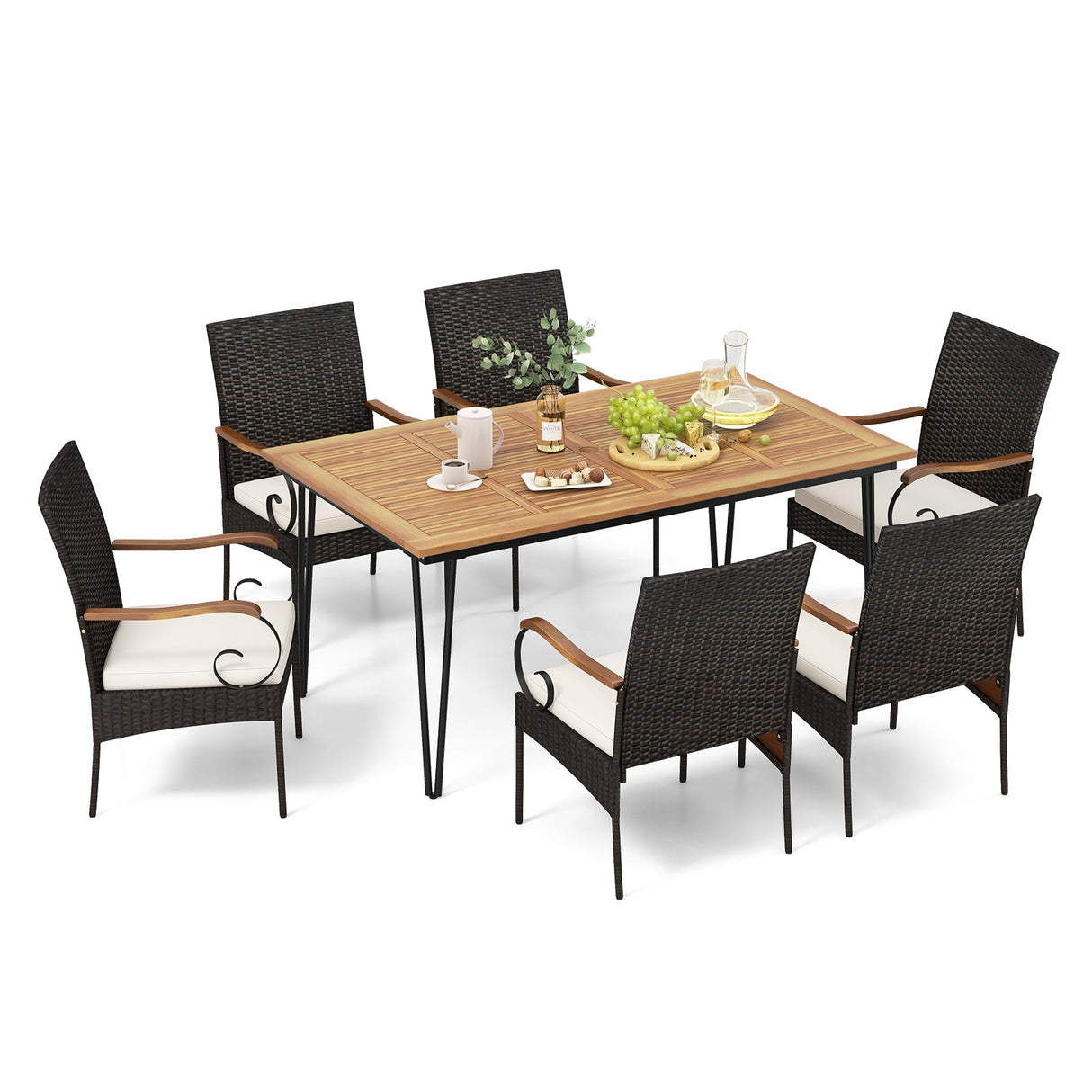 Juego de comedor de patio de 7 piezas con sillones de ratán, cojines suaves, agujero para sombrilla de 5 cm