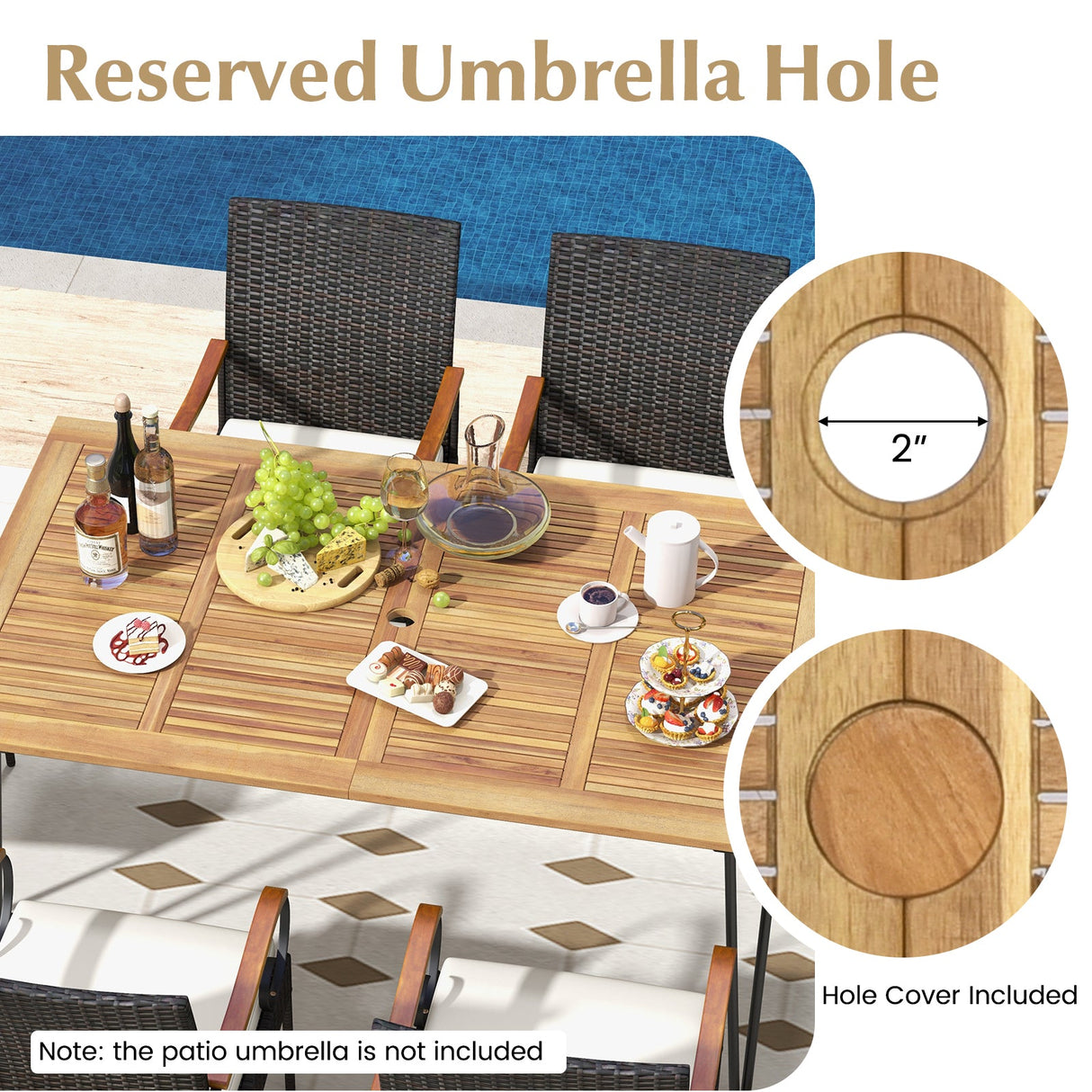 Juego de comedor de patio de 7 piezas con sillones de ratán, cojines suaves, agujero para sombrilla de 5 cm