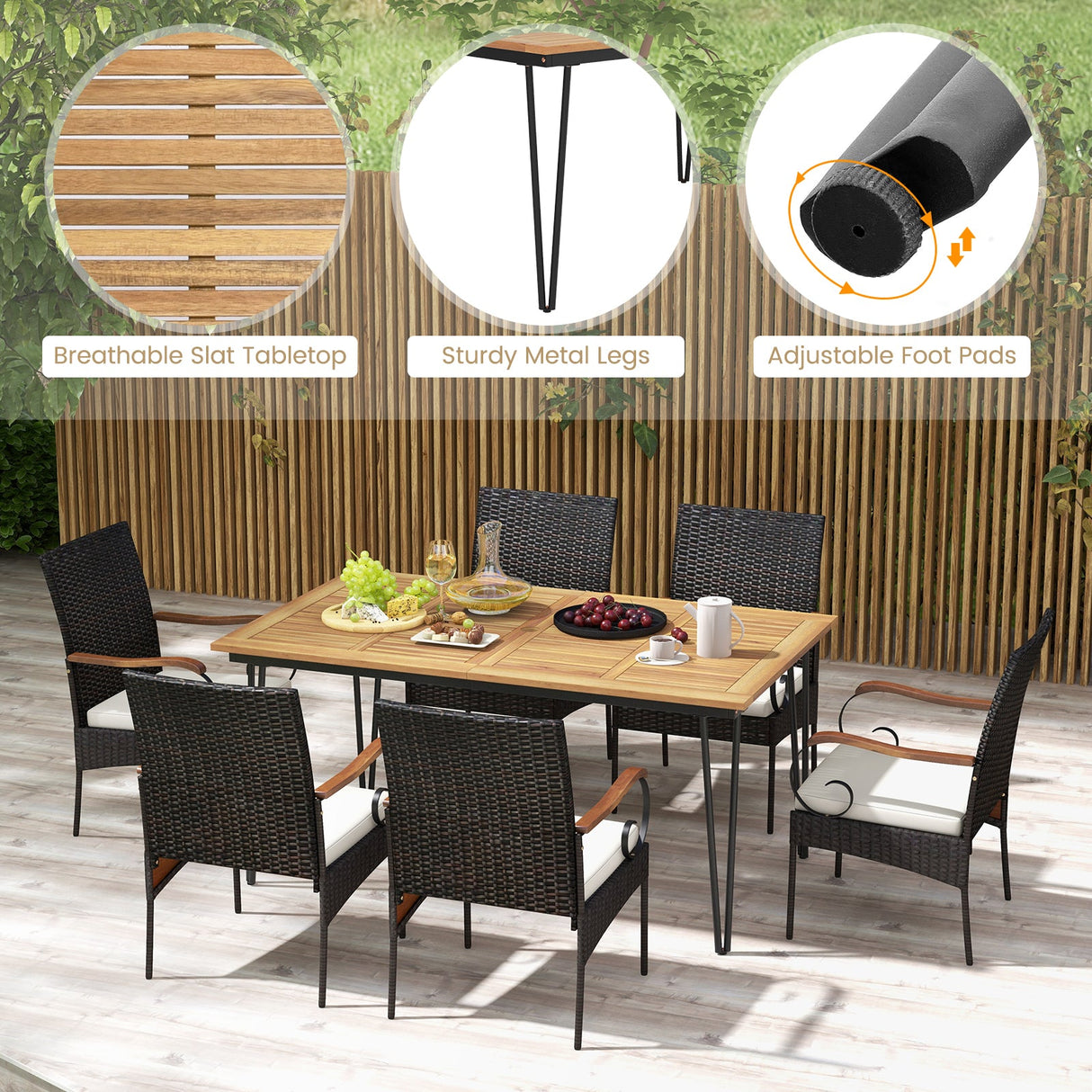 Juego de comedor de patio de 7 piezas con sillones de ratán, cojines suaves, agujero para sombrilla de 5 cm