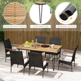 Juego de comedor de patio de 7 piezas con sillones de ratán, cojines suaves, agujero para sombrilla de 5 cm