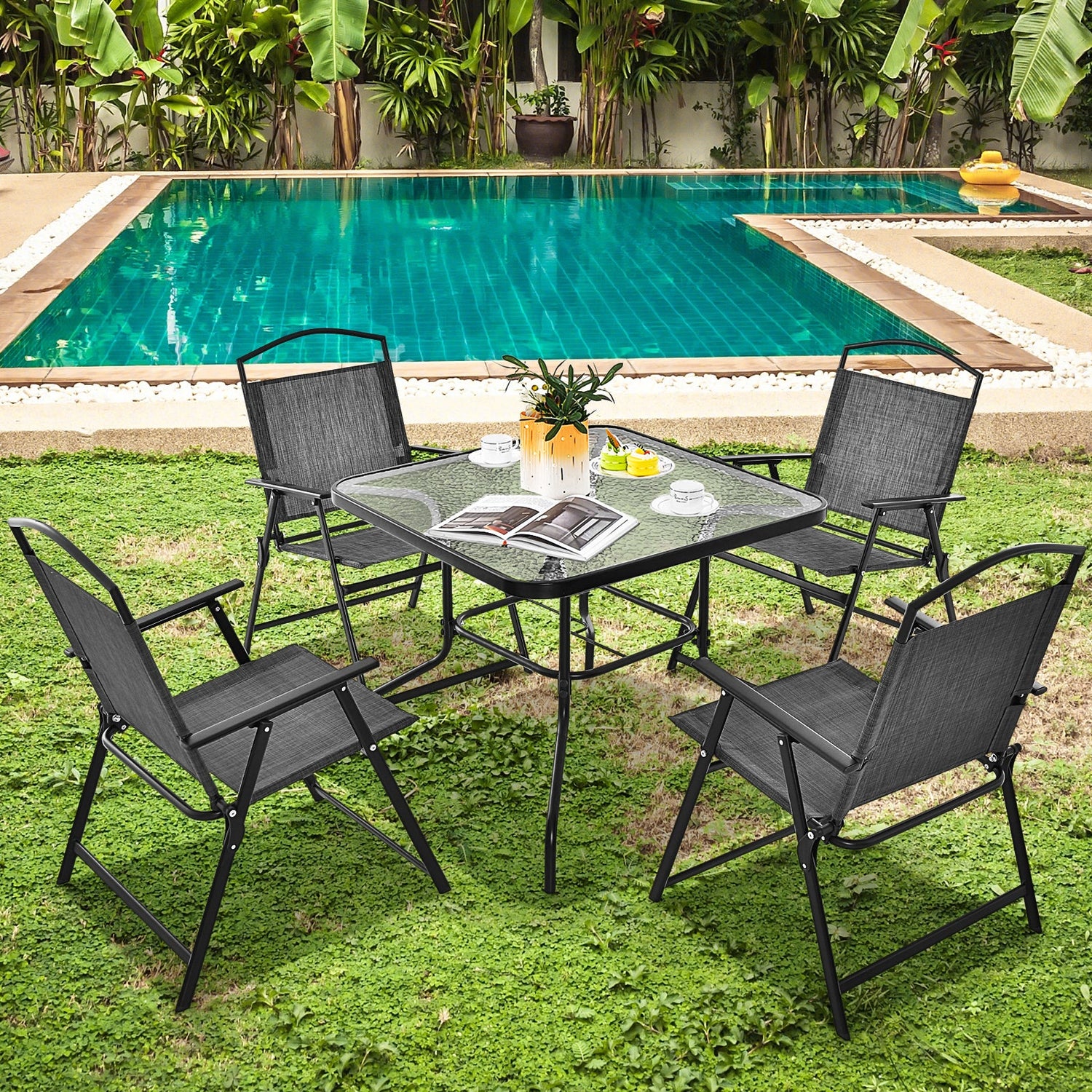 Juego de comedor para patio para 4 personas con agujero para sombrilla - Gris