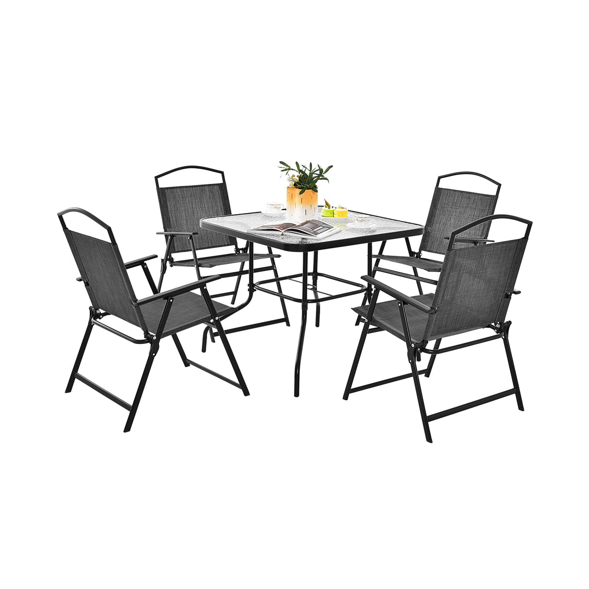 Juego de comedor para patio para 4 personas con agujero para sombrilla - Gris