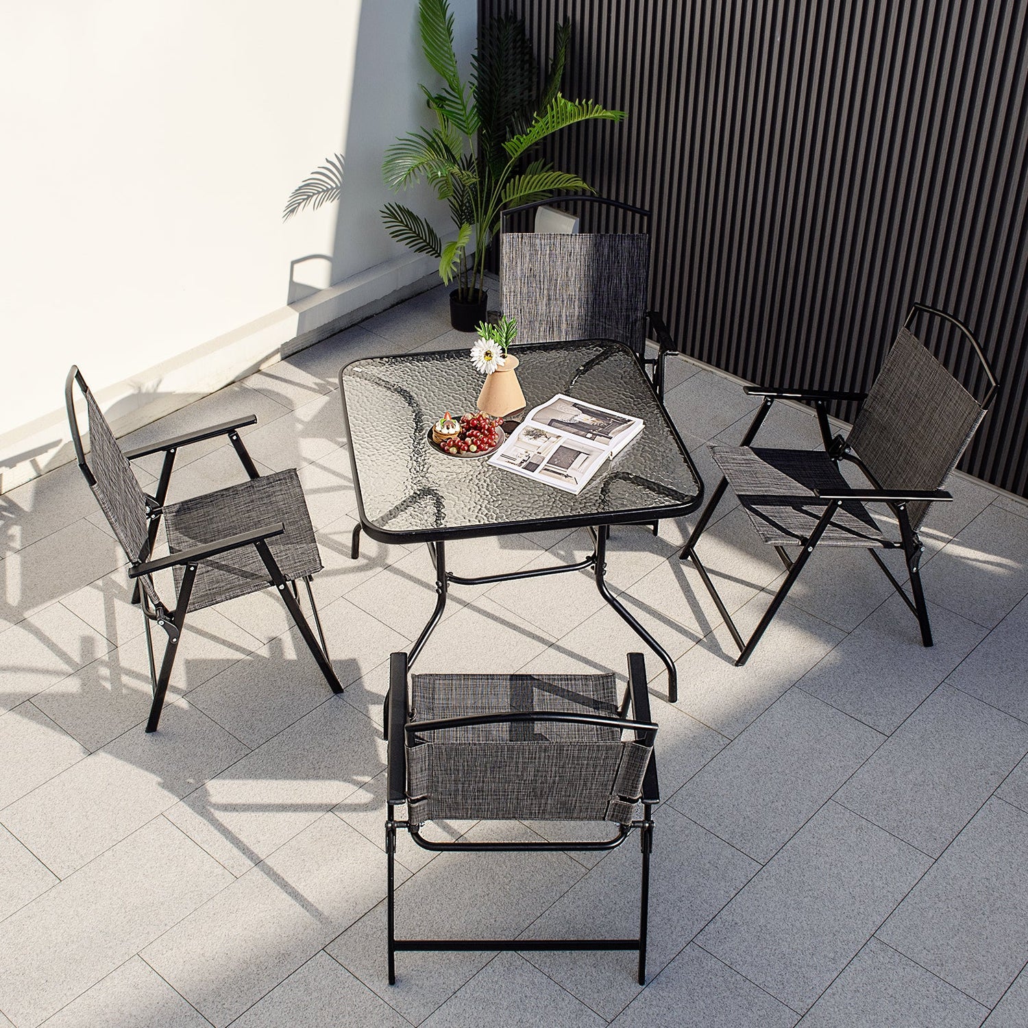Juego de comedor para patio para 4 personas con agujero para sombrilla - Gris
