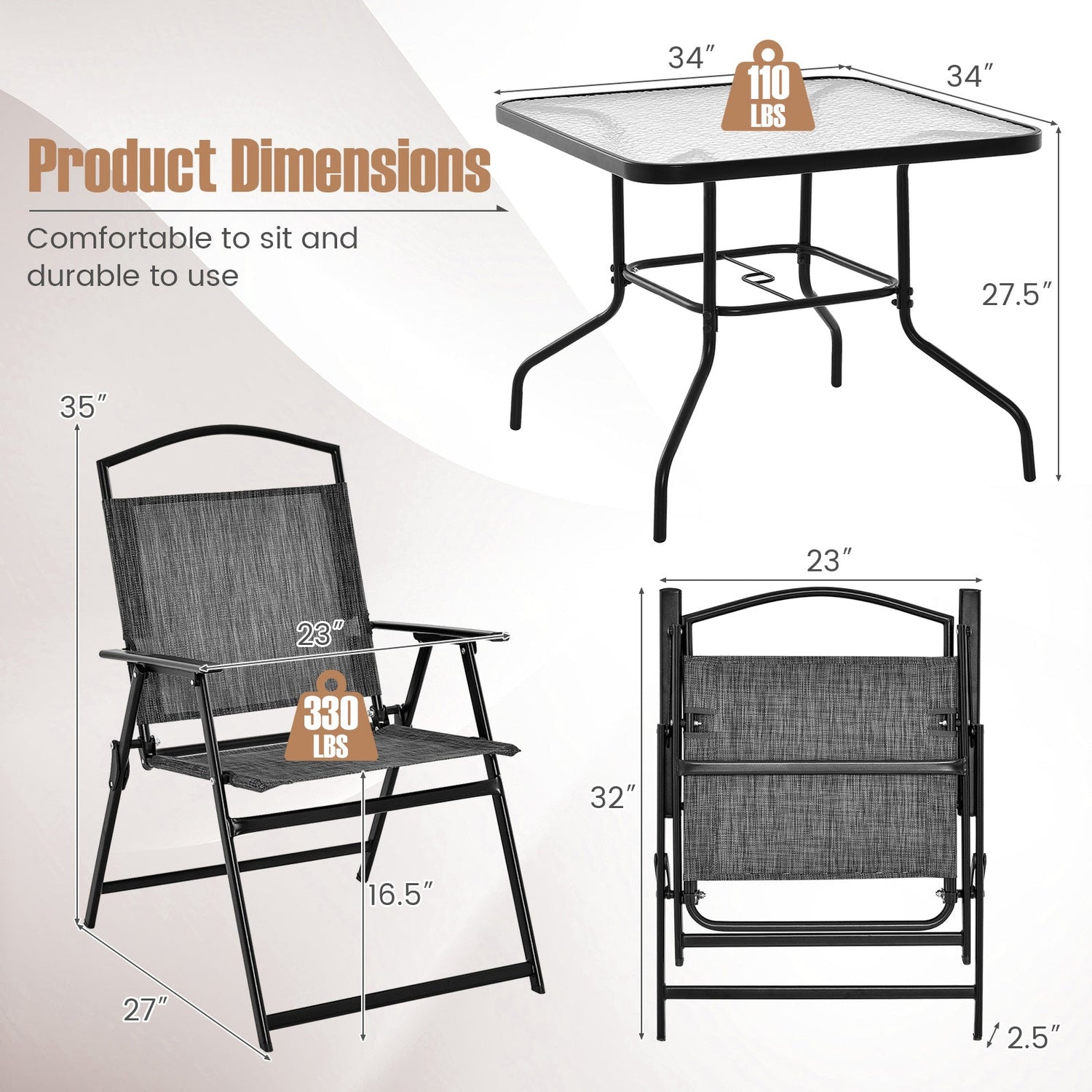 Juego de comedor para patio para 4 personas con agujero para sombrilla - Gris