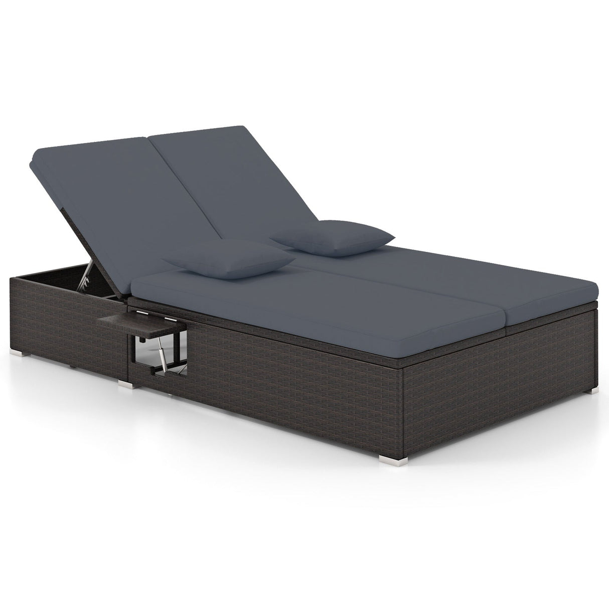 Tumbona doble de patio con cojines y bandejas laterales plegables