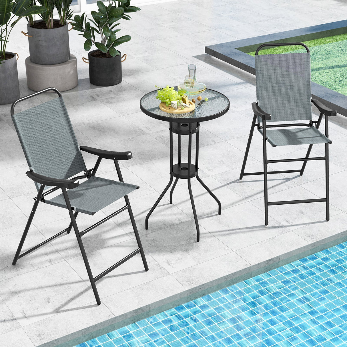 Juego de 2 taburetes plegables de patio con estructura metálica y reposapiés