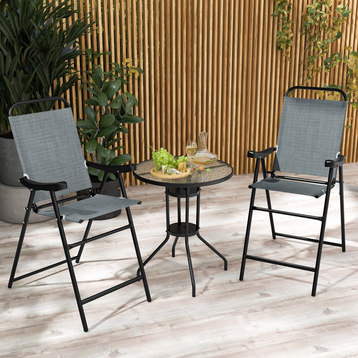 Juego de 2 taburetes plegables de patio con estructura metálica y reposapiés