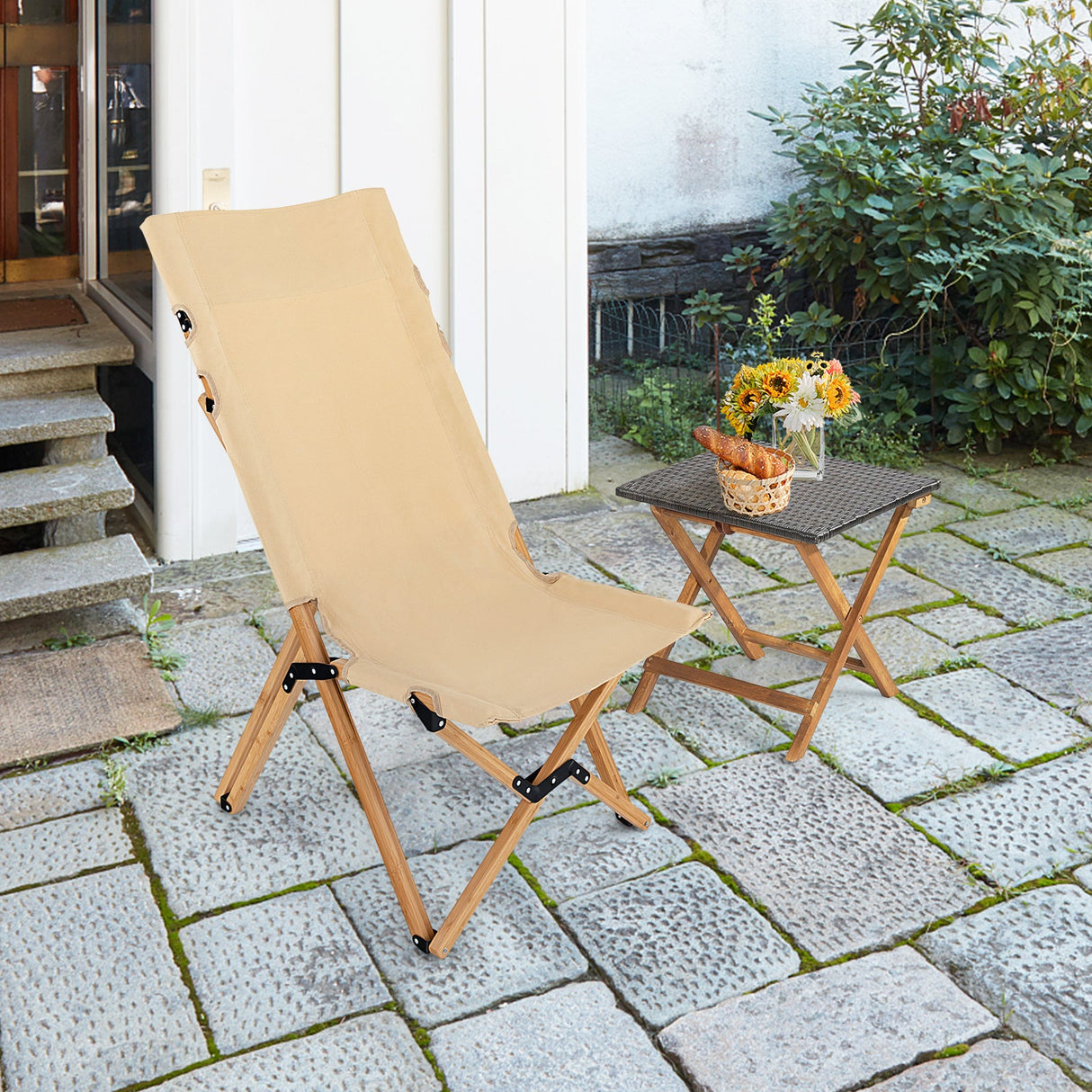 Silla de camping plegable de bambú con respaldo ajustable de 2 niveles - Natural