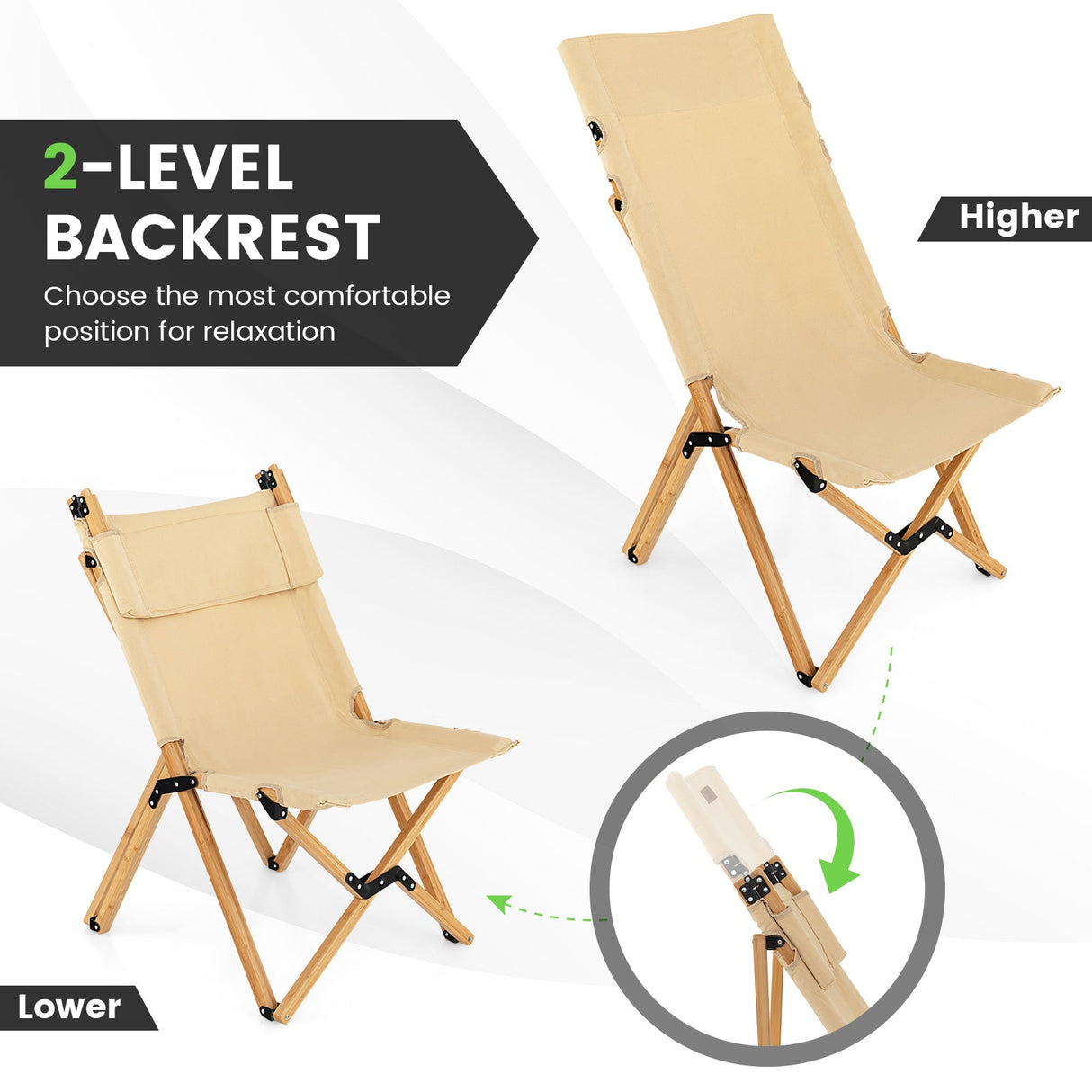Silla de camping plegable de bambú con respaldo ajustable de 2 niveles - Natural