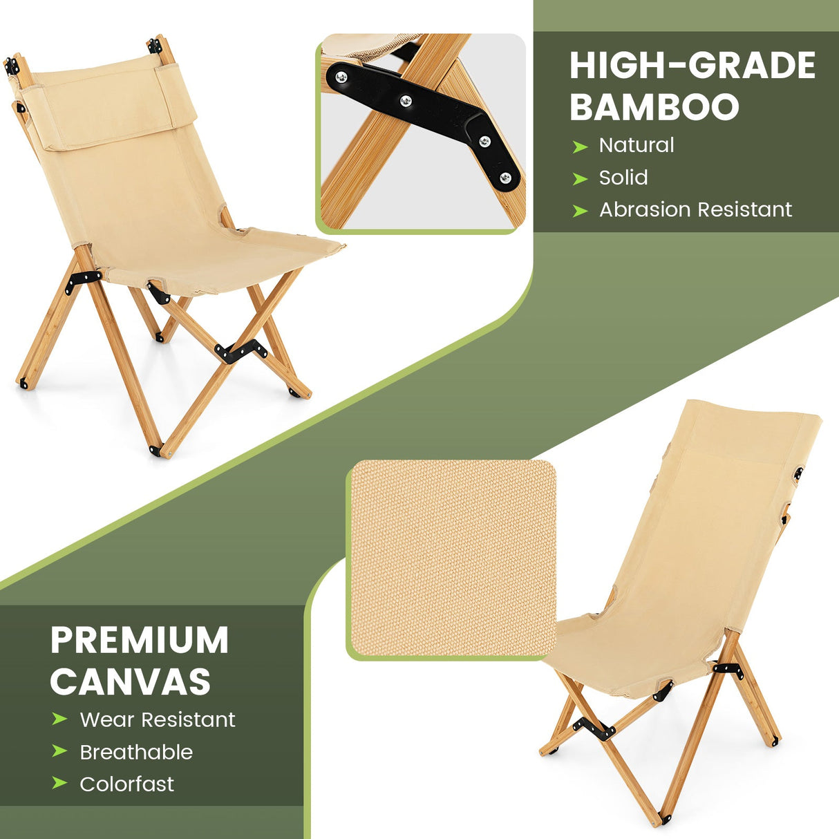 Silla de camping plegable de bambú con respaldo ajustable de 2 niveles - Natural