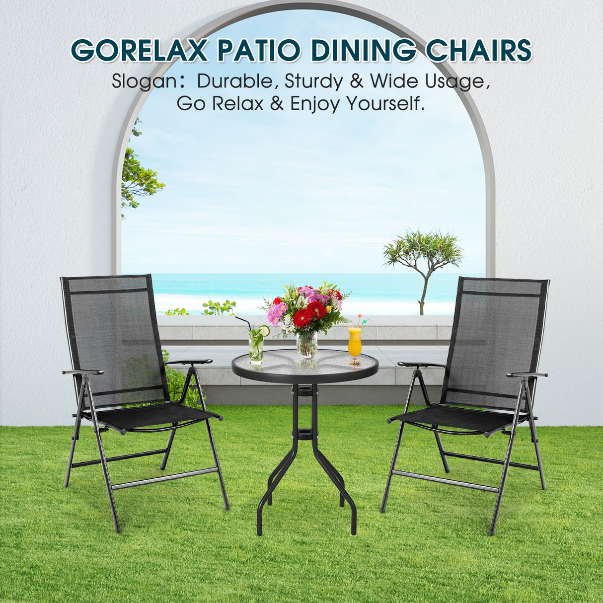 Juego de 2 sillones reclinables plegables ajustables portátiles para patio - Negro
