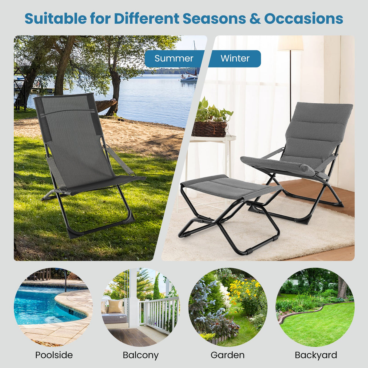 Sillón plegable de patio con reposapiés otomano y cojín extraíble - Gris