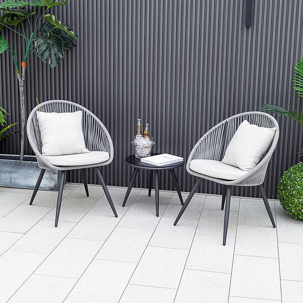 Juego de muebles de patio de 3 piezas con cojines de asiento y respaldo - Gris