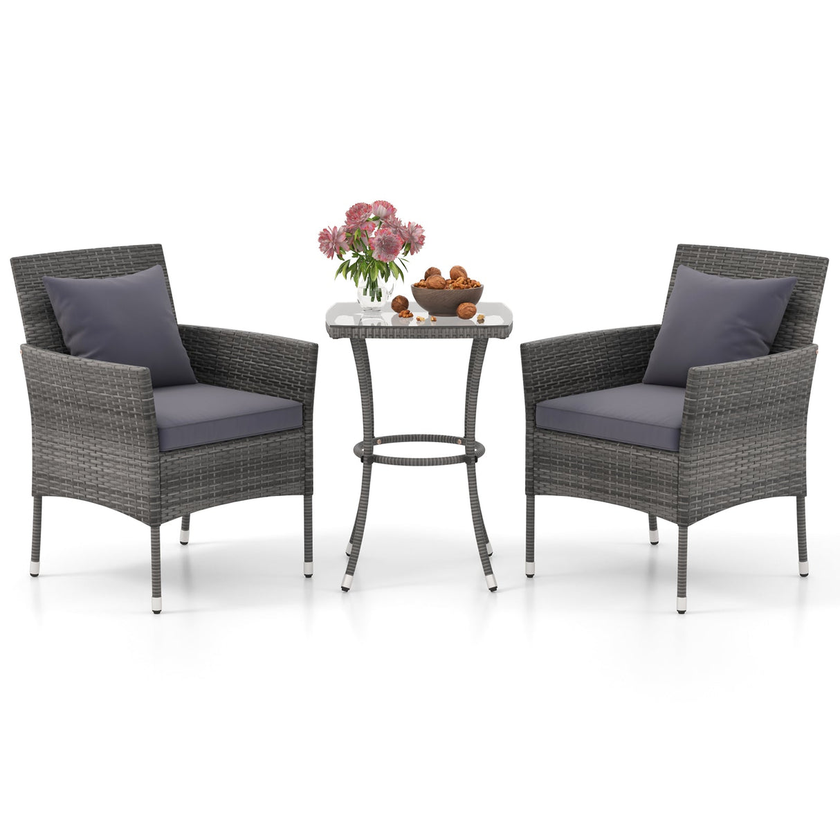 Juego de muebles de patio de 3 piezas con sillas de patio acolchadas y mesa de centro de vidrio templado