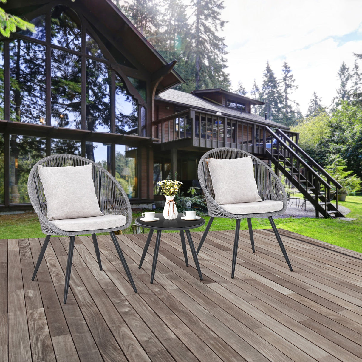 Juego de muebles de patio de 3 piezas con cojines de asiento y respaldo - Gris