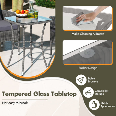 Juego de muebles de patio de 3 piezas con sillas de patio acolchadas y mesa de centro de vidrio templado
