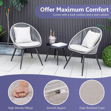 Juego de muebles de patio de 3 piezas con cojines de asiento y respaldo - Gris