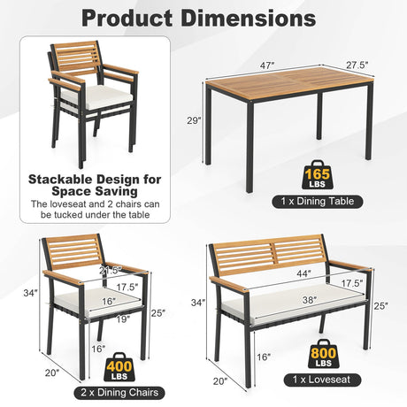 Juego de muebles de patio de 4 piezas, juego de sillas de comedor para exteriores, color blanco