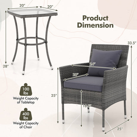 Juego de muebles de patio de 3 piezas con sillas de patio acolchadas y mesa de centro de vidrio templado