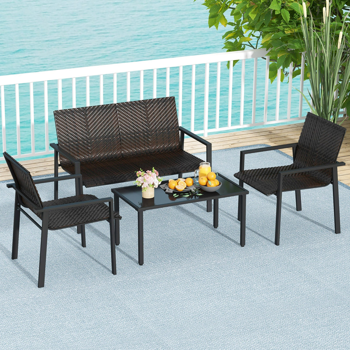 Juego de Muebles de Patio de 4 Piezas con Estructura de Metal Galvanizado de Alta Resistencia
