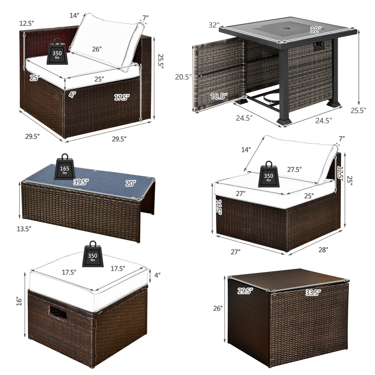 Juego de muebles de patio de 9 piezas para exteriores con mesa de fogata de propano de 50 000 BTU