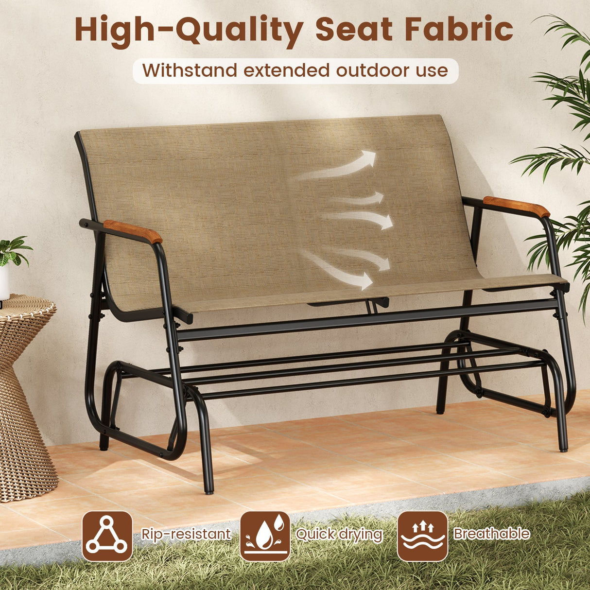 Banco deslizante para patio con reposabrazos curvos de teca y asiento de tela transpirable para 2 personas-Marrón