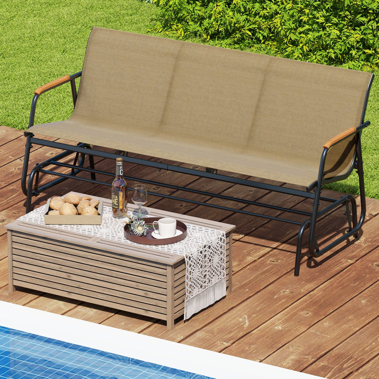 Banco planeador para patio con apoyabrazos curvos de teca y asiento de tela transpirable para 3 personas-Marrón