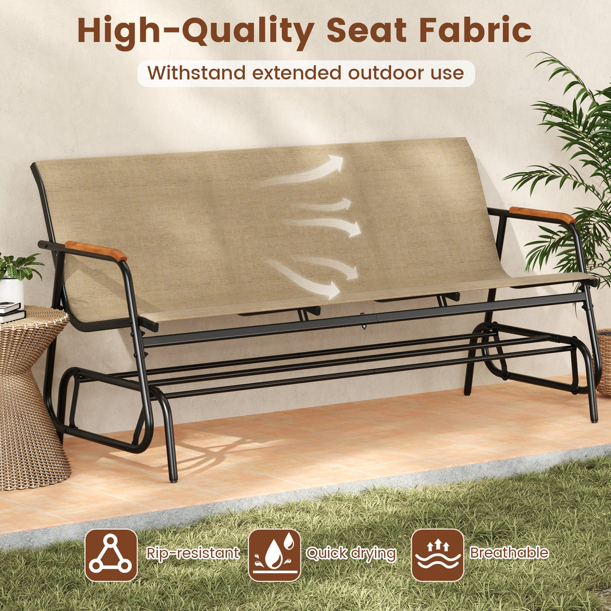 Banco planeador para patio con apoyabrazos curvos de teca y asiento de tela transpirable para 3 personas-Marrón