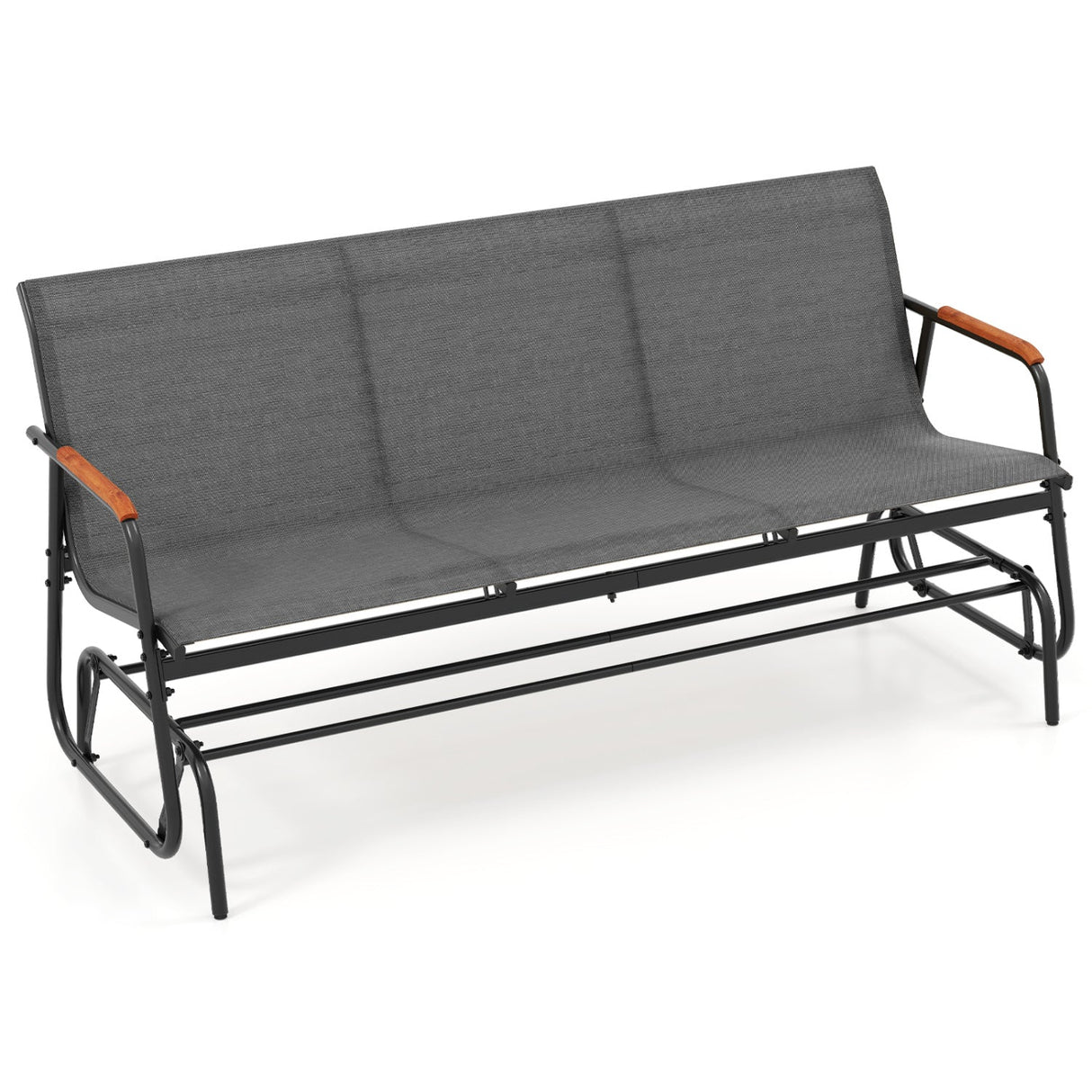 Banco planeador para patio con apoyabrazos curvos de teca y asiento de tela transpirable para 3 personas-Marrón