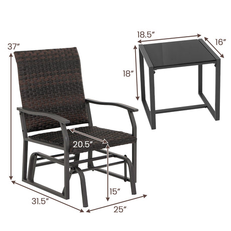 Juego de planeo para patio de 3 piezas con mesa de centro de vidrio templado para todo clima - Marrón