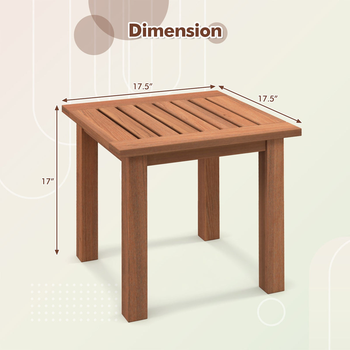 Mesa auxiliar cuadrada de madera dura para patio con tablero de listones