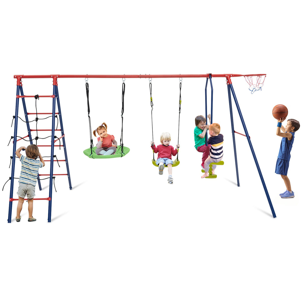 Columpio de jardín 6 en 1 para niños con red para escalar y escalera, 250 kg