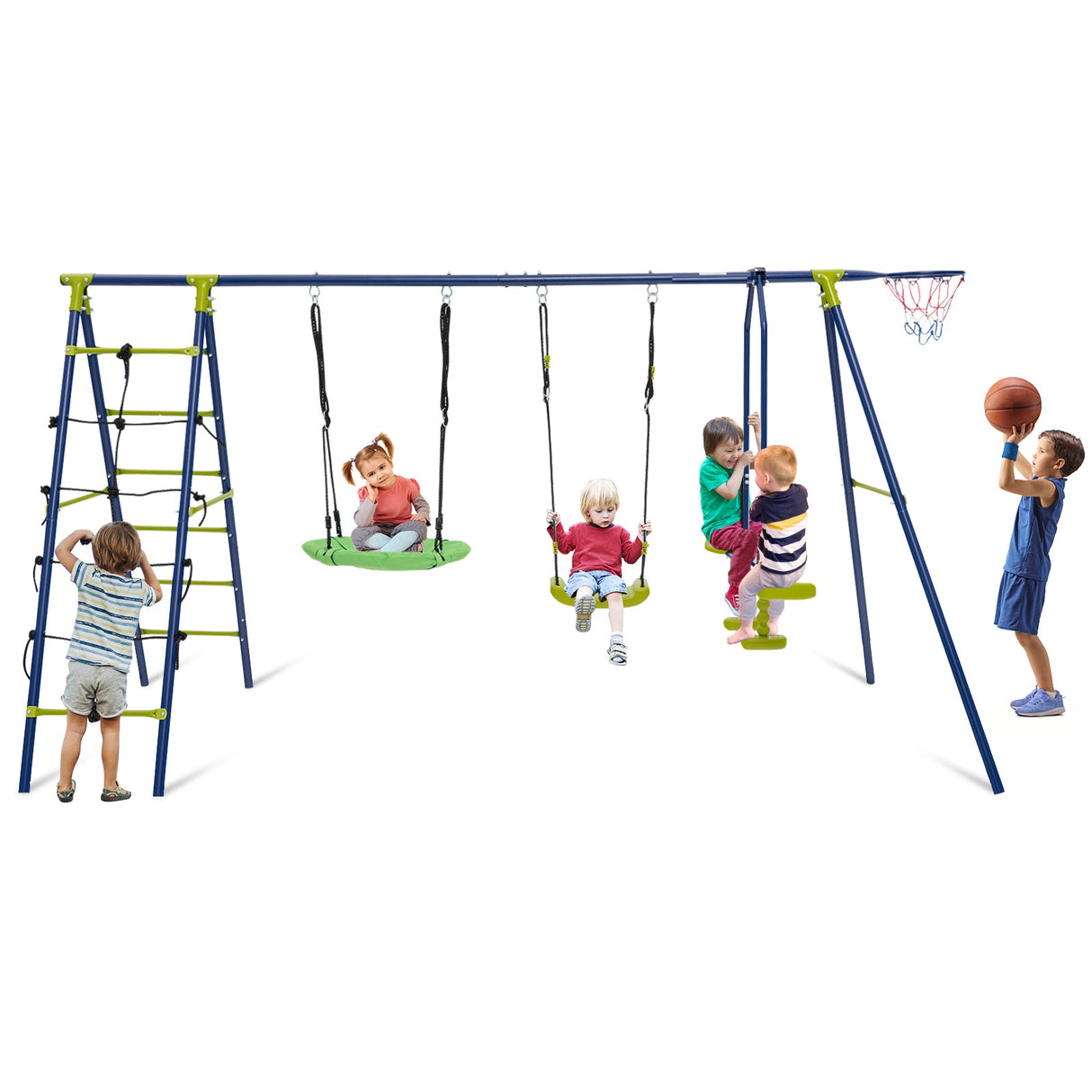 Columpio de jardín 6 en 1 para niños con red para escalar y escalera, 250 kg