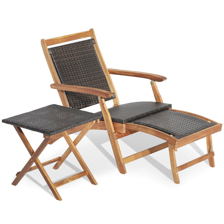 Set de 2 tumbonas plegables de ratán para patio con mesa de madera de acacia