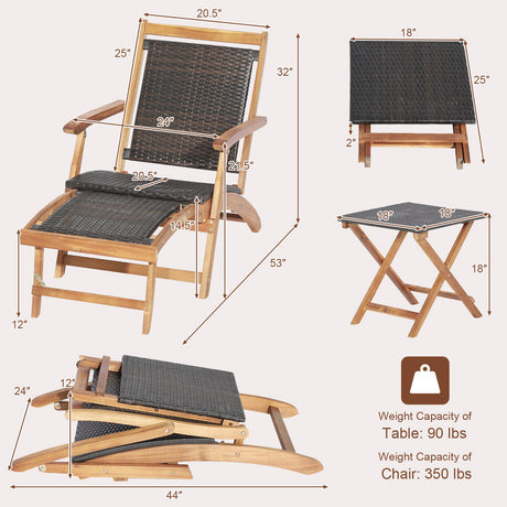 Set de 2 tumbonas plegables de ratán para patio con mesa de madera de acacia