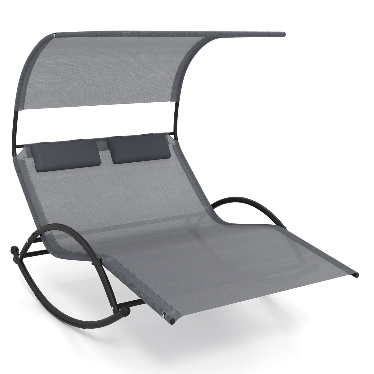 Tumbona doble balancín para exteriores con dosel para 2 personas y reposacabezas desmontables - Gris