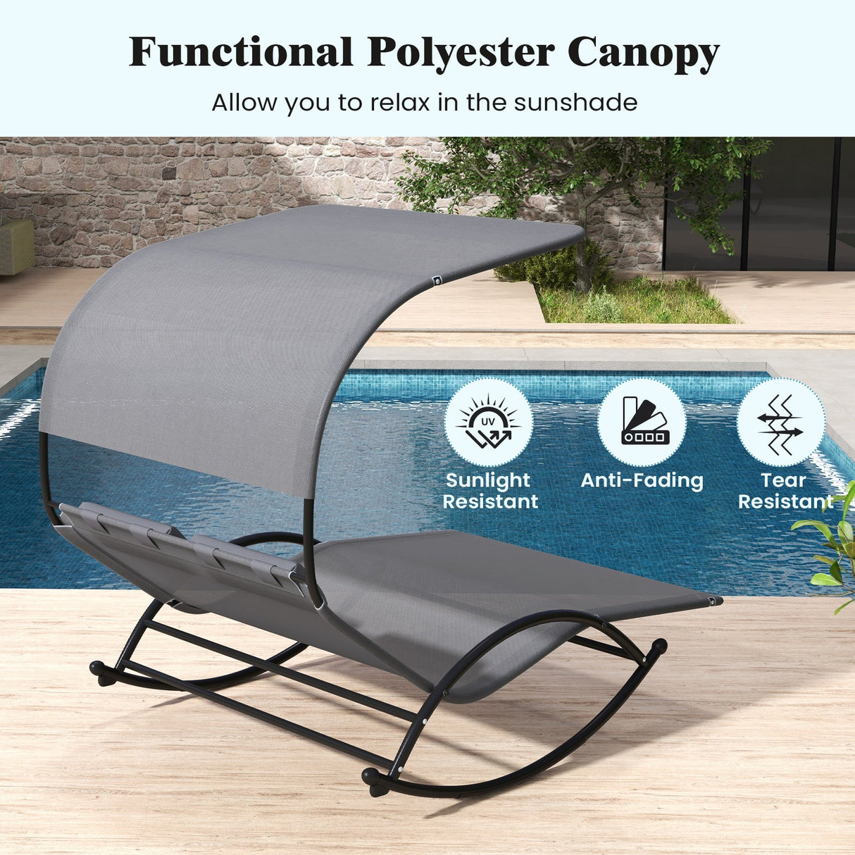 Tumbona doble balancín para exteriores con dosel para 2 personas y reposacabezas desmontables - Gris
