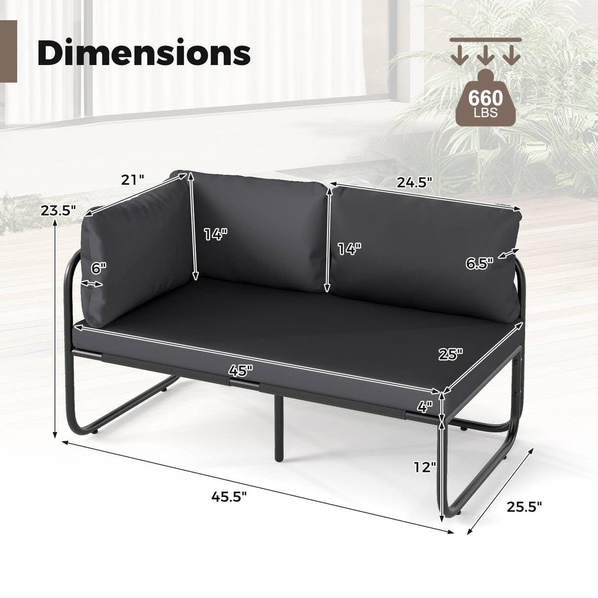 Sofá biplaza para patio con almohadas y cojines de asiento extraíbles - Gris