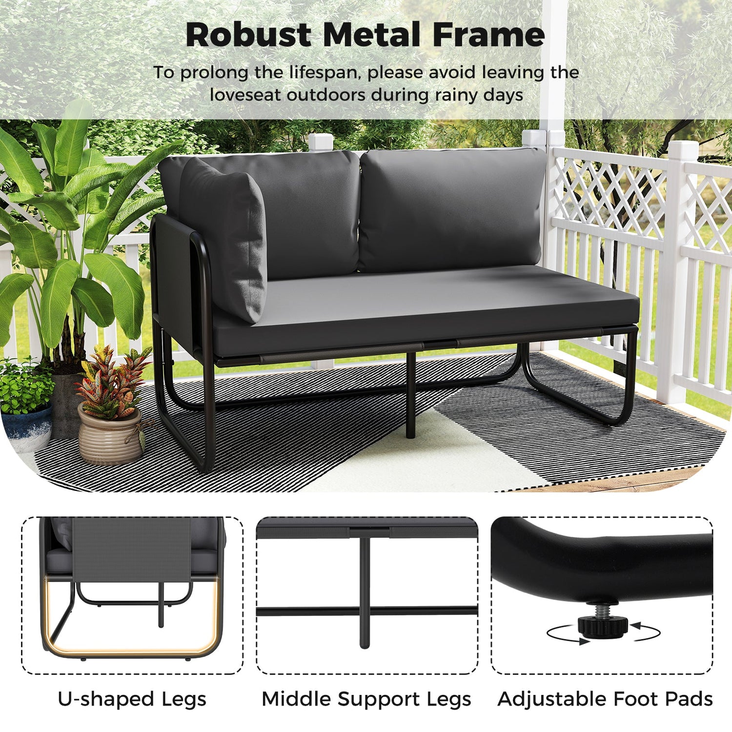 Sofá biplaza para patio con almohadas y cojines de asiento extraíbles - Gris