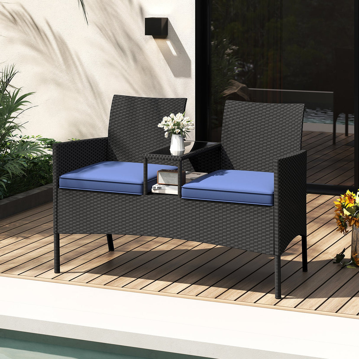 Patio Loveseat with Built-in Table for Backyard Porch