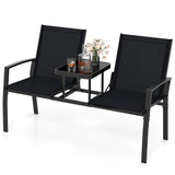 Patio Loveseat with Built-in Table with Breathable Fabric Back-Black