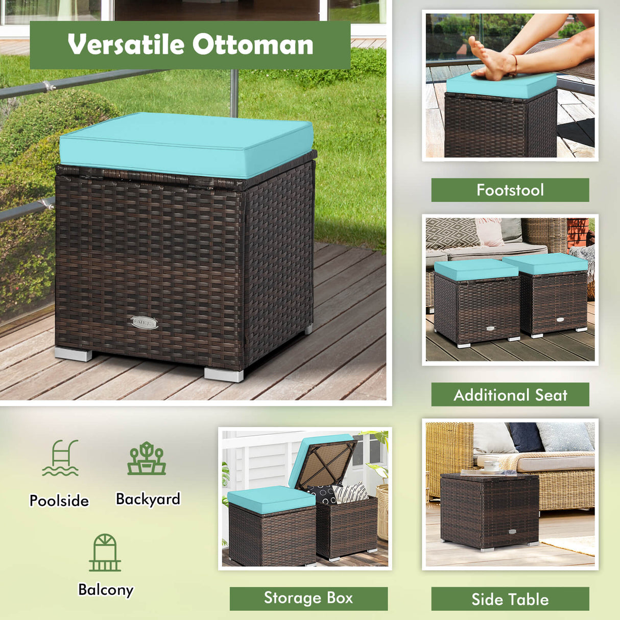 2 Pieces Patio Ottoman with Hidden Storage Space-Mix Grey