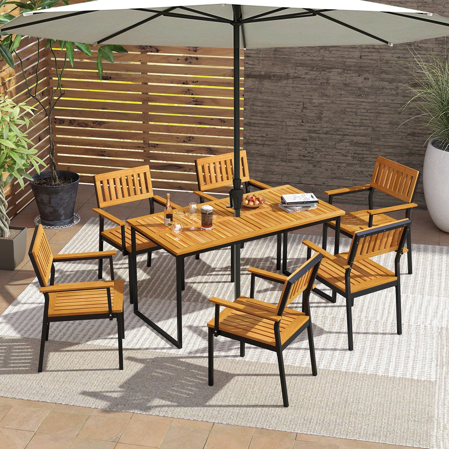 Patio Outdoor Dining Chair Set of 2 with Metal and Acacia Wood Frame