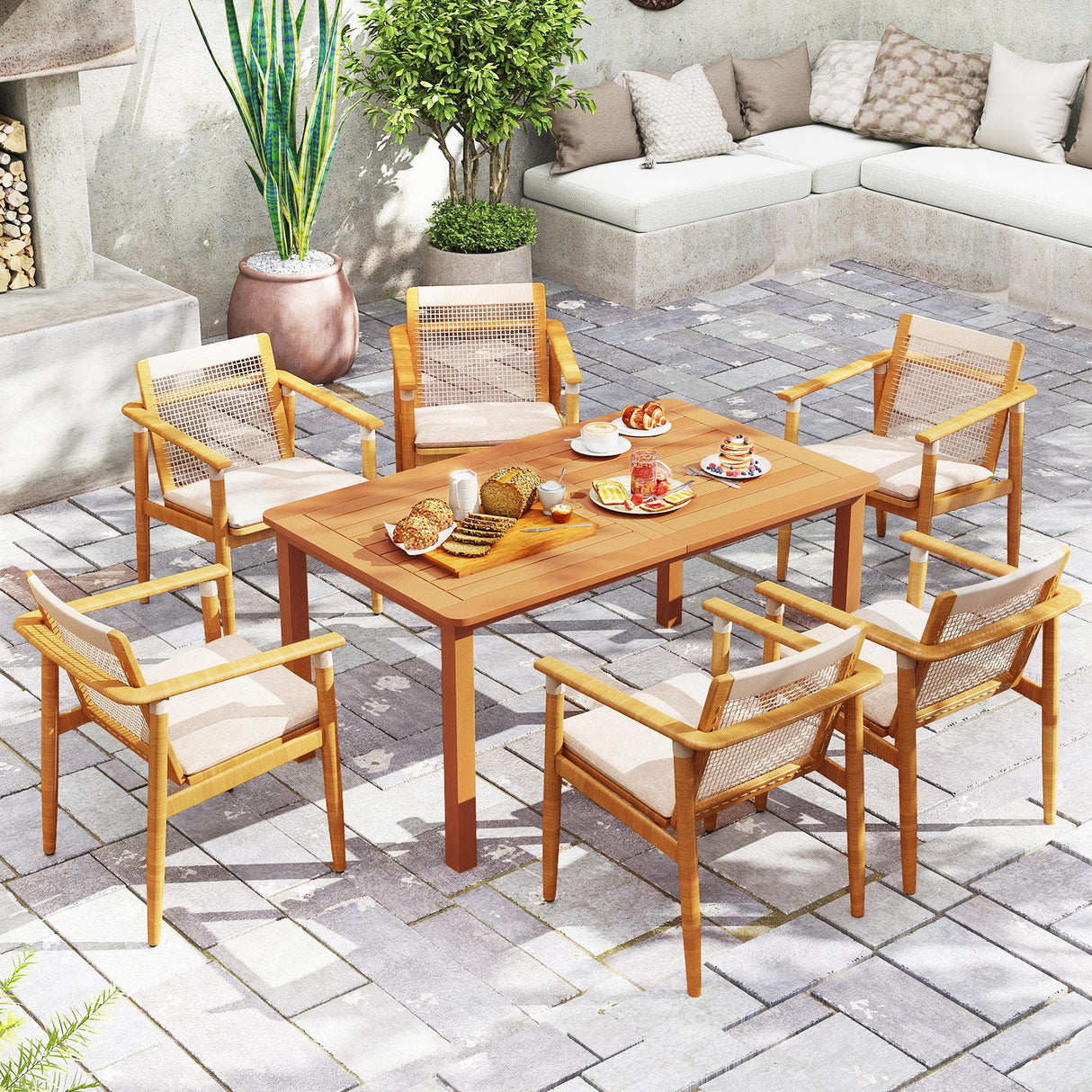 Mesa de comedor de madera maciza para patio al aire libre con agujero para sombrilla para 6 personas