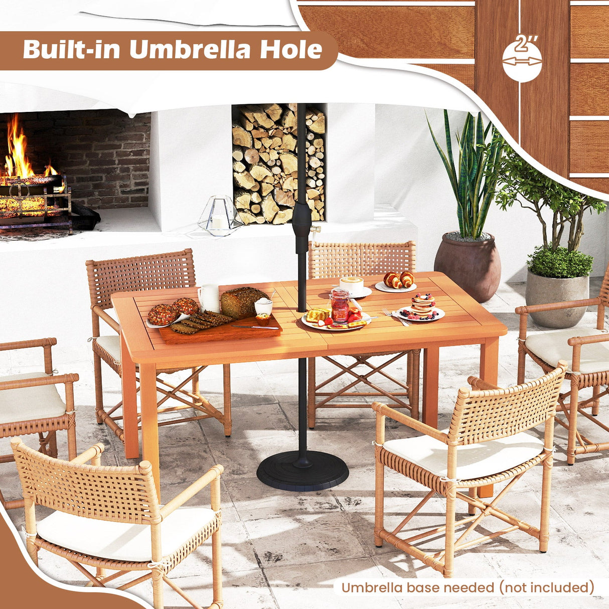 Mesa de comedor de madera maciza para patio al aire libre con agujero para sombrilla para 6 personas