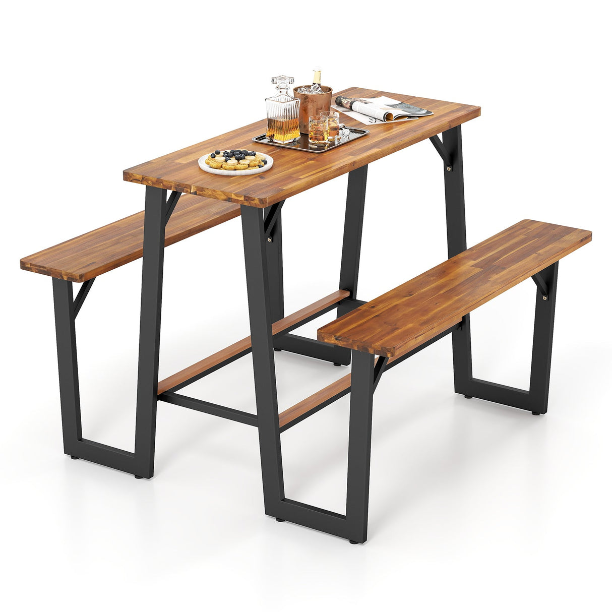 Conjunto de mesa de picnic con banco para patio con tablero y asientos de madera de acacia