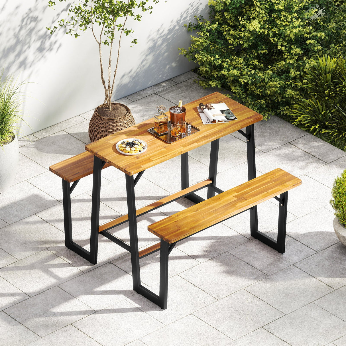 Conjunto de mesa de picnic con banco para patio con tablero y asientos de madera de acacia