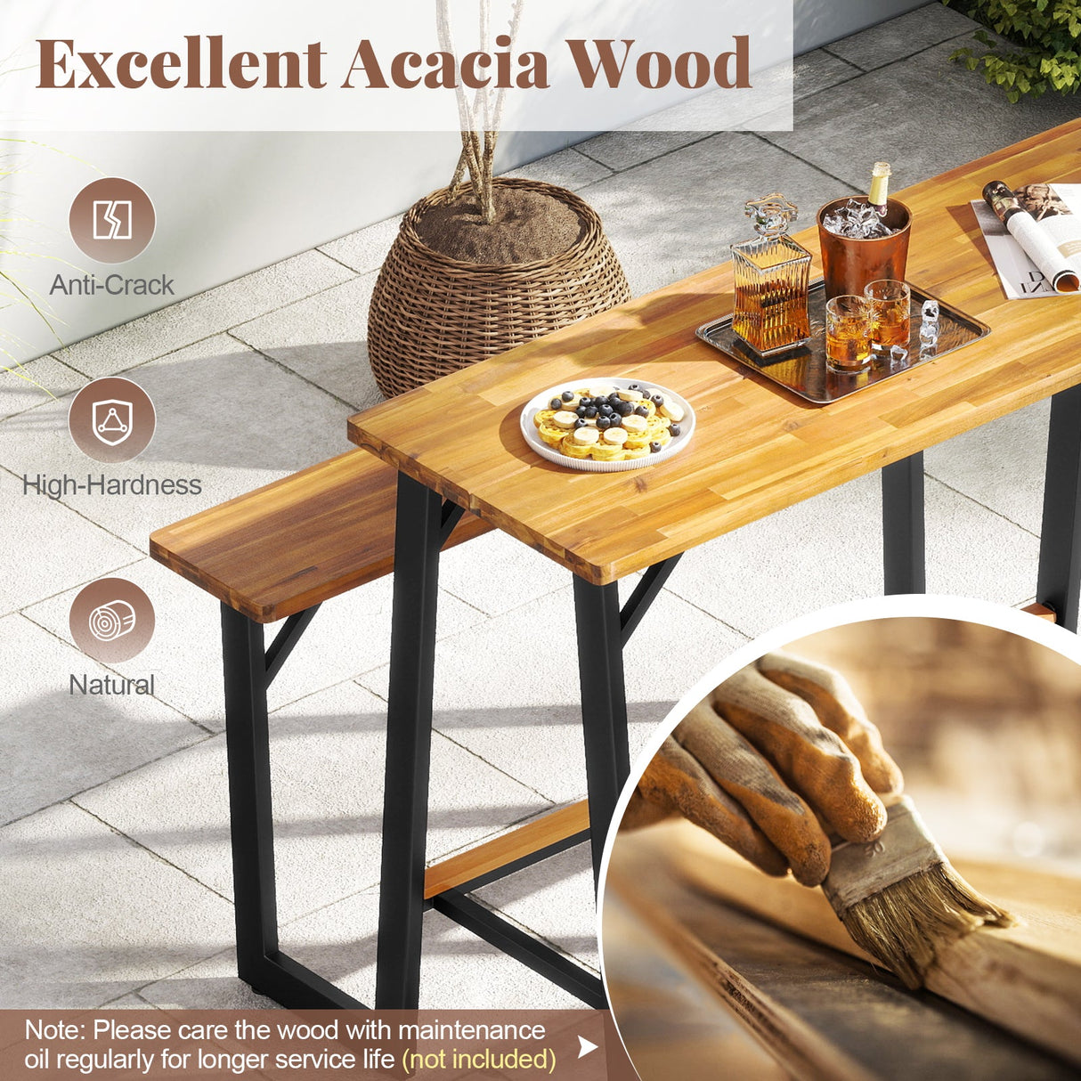 Conjunto de mesa de picnic con banco para patio con tablero y asientos de madera de acacia