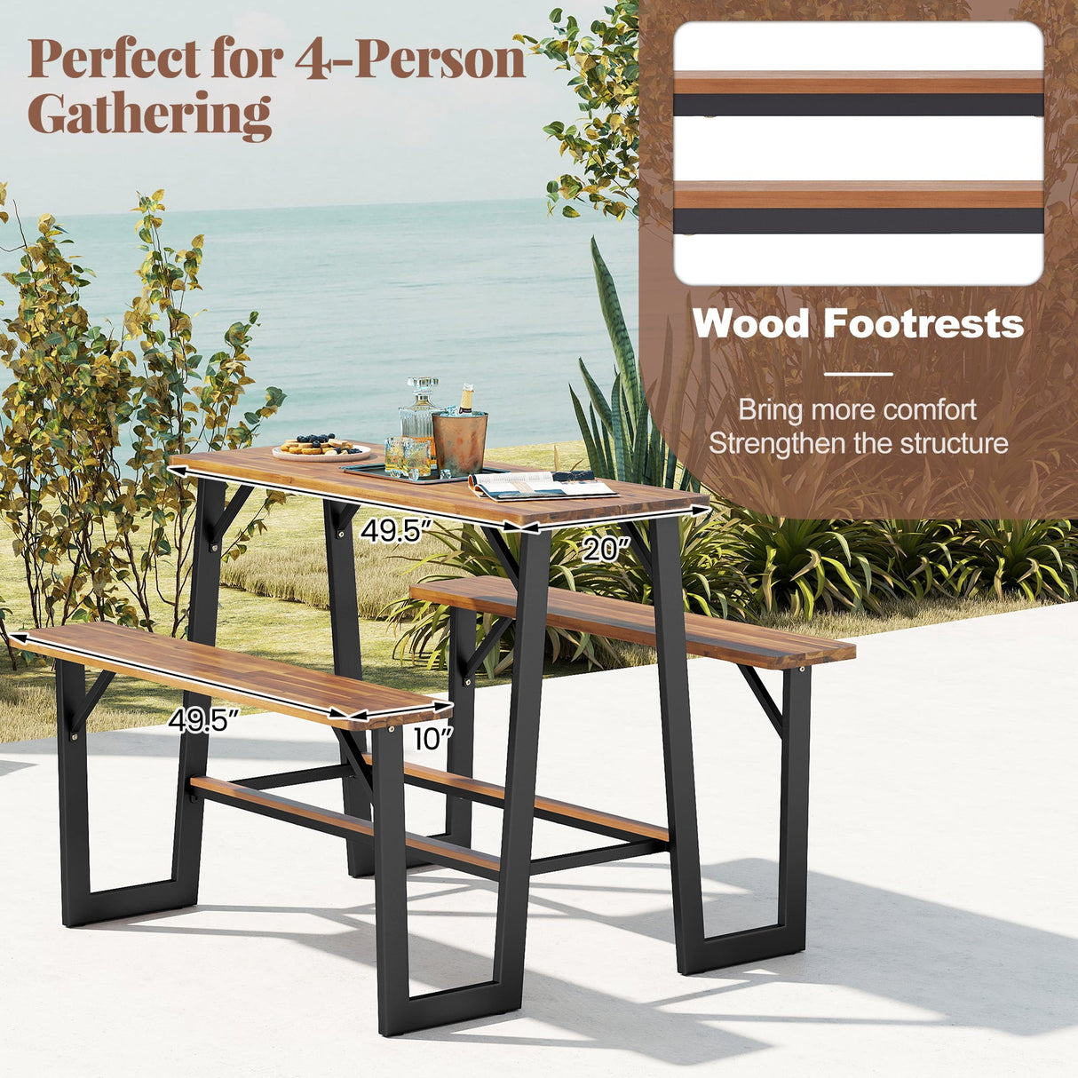 Conjunto de mesa de picnic con banco para patio con tablero y asientos de madera de acacia