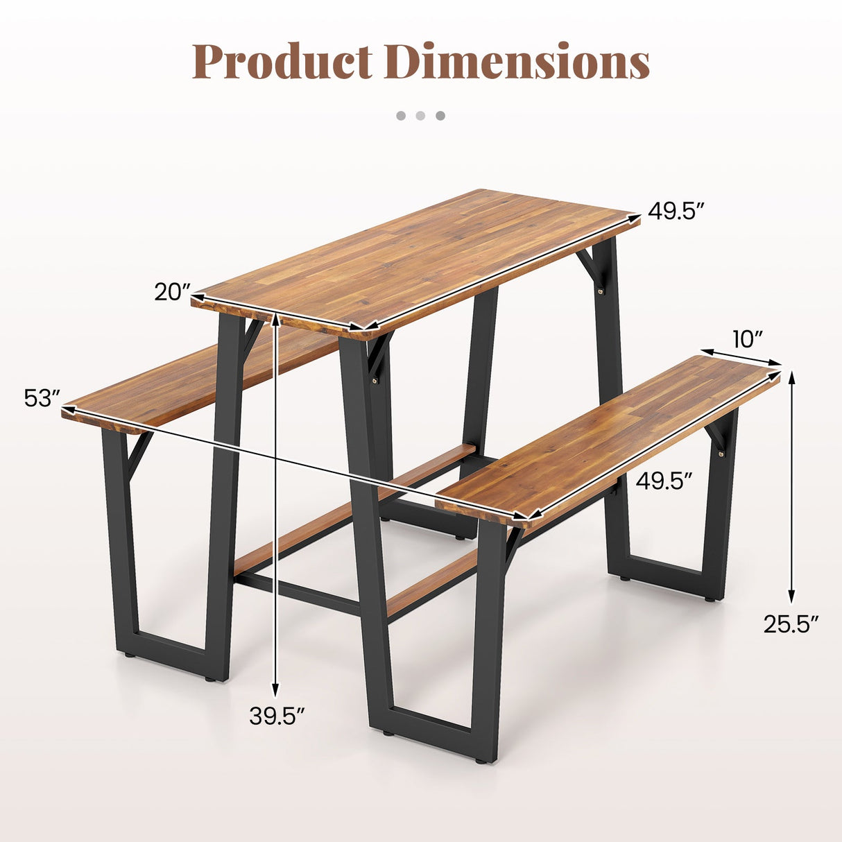 Conjunto de mesa de picnic con banco para patio con tablero y asientos de madera de acacia
